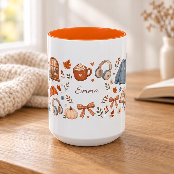 Personalized Fall Coffee Mug, Autumn Book Lover Gift, Cozy Reading Coffee Cup, Cottagecore Pumpkin, Fall Leaves Decor, Hostess Gift for Her