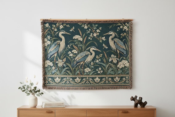 Heron Bird Woven Blanket, Teal Botanical Cotton Tapestry Throw