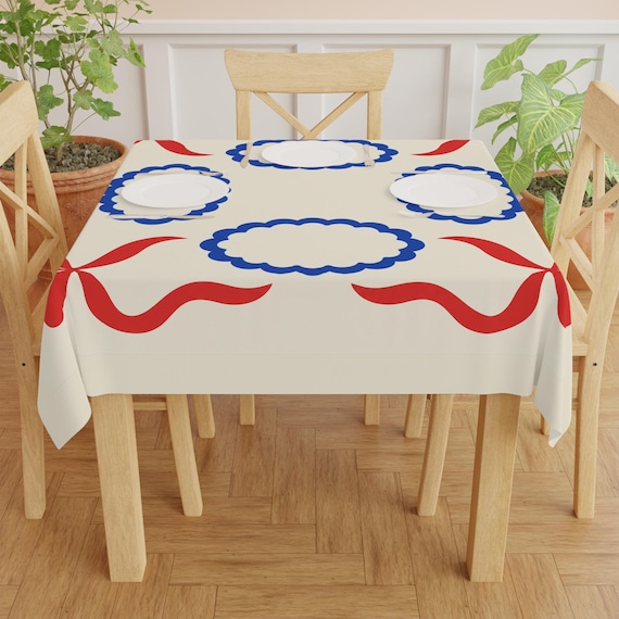 Square Tablecloth, 55.1 inches Cobalt Blue Scalloped Frames & Red Bow Print