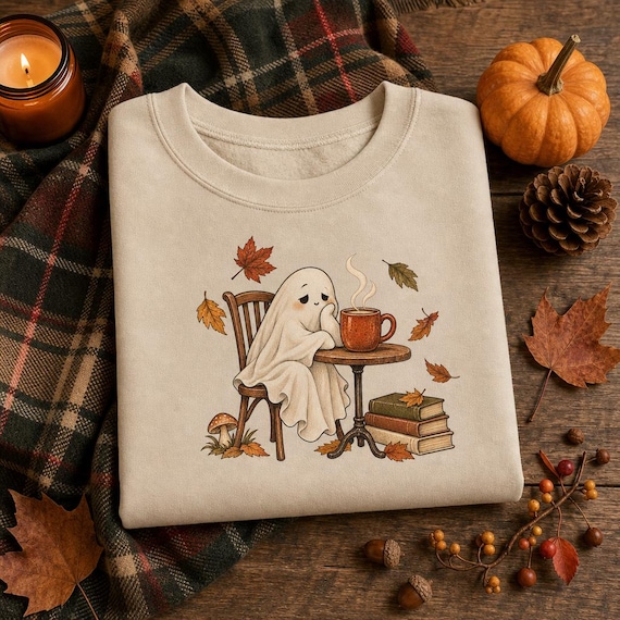 Cozy Ghost Coffee Sweatshirt – Fall Season Autumn Reading Crewneck