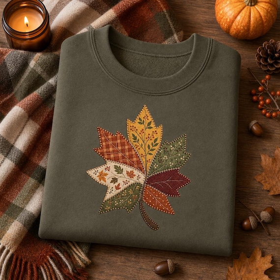 Retro Patchwork Fall Sweatshirt – Autumn Leaves & Pumpkins