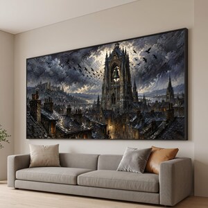 Gothic Halloween Wall Art Dark Academia Panoramic Canvas Vintage Fall Cityscape Large Oil Painting