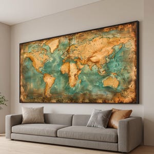 Vintage World Map Canvas, Antique Style Wall Art, Rustic Globe Decor