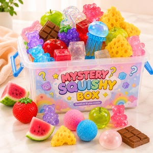 May include: A clear plastic storage bin labeled Mystery Squishy Box filled with assorted colorful squishy toys including gummy bears, fruit shapes, cheese wedges, and chocolate bars, with additional loose squishy items arranged in front.