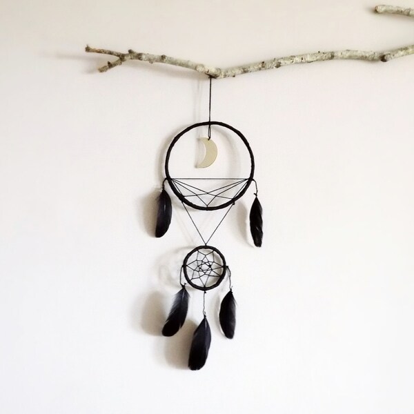 Dream catcher, black dreamcatcher, moon, star, wall hanging, boho, home decor, symbol, triangle, double dreamcatcher, handmade, gift ideas