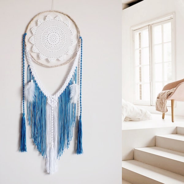 Wall hanging dream catcher, boho dreamcatcher, wall decor, bedroom, white, teal, handmade, large, bohemian, macrame, macrame decor, tapestry