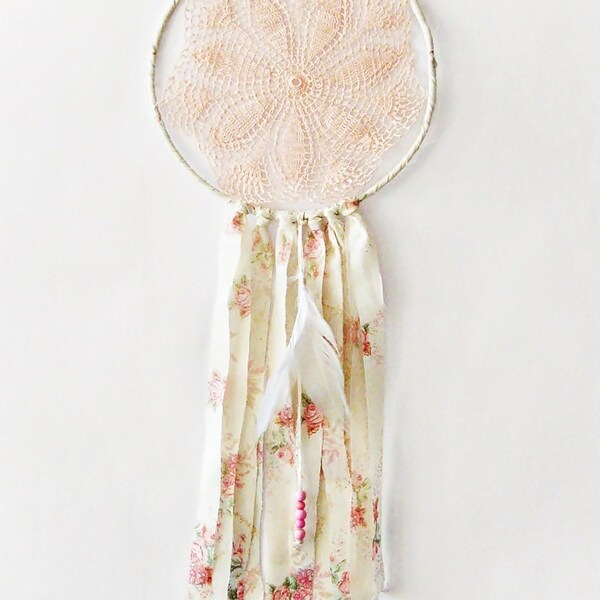 Bohemian dream catcher, pink, cream, white lace dreamcatcher crochet doily, wall hanging, long, beads, large,