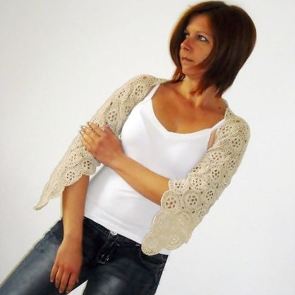 RESERVED Crochet Shrug cream 3/4 sleeves, wool, neutral,  M (US 8) handmade