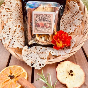 May include: A black pouch labeled Cozy Cauldron Botanical Simmer Pot with dried fruit and spices inside, placed in a woven basket with white lace. A bright orange marigold, a dried orange slice, a cinnamon stick, and rosemary are nearby.