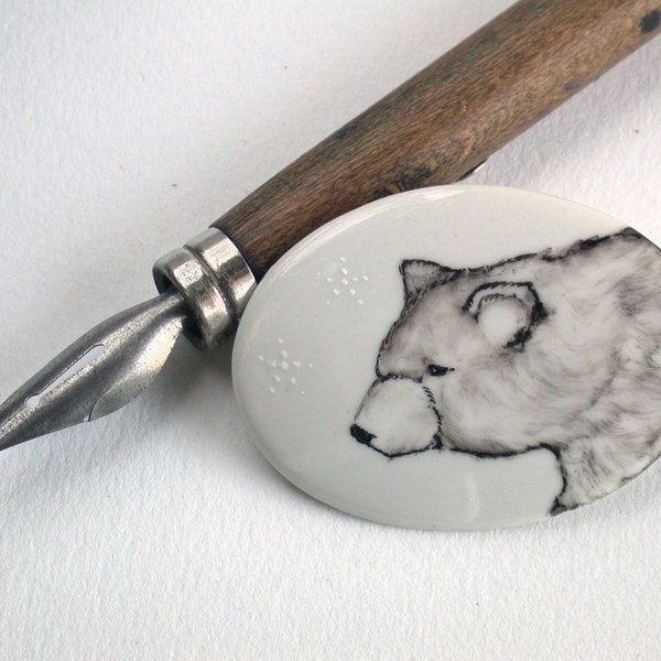 handpainted bear on porcelain brooch