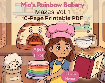 ミアのレインボーベーカリー迷路 第1巻 — 5～8歳のお子様向け印刷可能な迷路ワークシート10枚 | 即時デジタルダウンロード