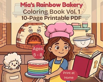 ミアのレインボーベーカリーぬりえブック 第1巻 — 5～8歳のお子様向けぬりえ10ページ | 即時デジタルダウンロード