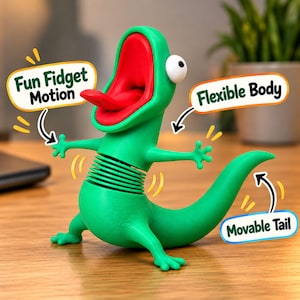 Pode incluir: Um brinquedo fidget em forma de lagarto verde com a boca vermelha bem aberta, uma língua saliente e um olho branco grande. A figura apresenta uma secção central flexível e canelada, uma cauda móvel e etiquetas Fun Fidget Motion, Flexible Body e Movable Tail.