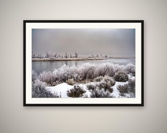Winter River Bend Print, Frosted Wyoming Landscape Wall Art, Winter Nature Photography, Rustic Cabin Decor