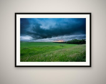Prairie Storm Print, Dramatic Sunrise Wall Art, Great Plains Landscape Photography, Moody Sky Fine Art Print, Framed or Unframed