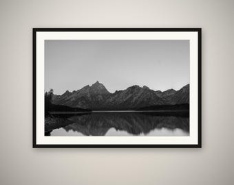 Black and White Teton Print, Mountain Reflection Wall Art, Wyoming Landscape Photography, Minimalist Fine Art Print, Framed