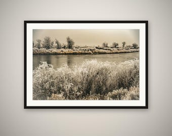 Winter River Bend Print, Golden Wyoming Landscape Wall Art, Warm Winter Photography, Rustic Cabin Decor