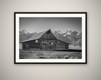 Mormon Row Barn Print, Black and White Grand Teton Wall Art, Wyoming Barn Photography, Rustic Farmhouse Decor, Framed or Unframed