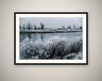 Winter River Bend Print, Blue Wyoming Landscape Wall Art, Cool Winter Photography, Rustic Cabin Decor