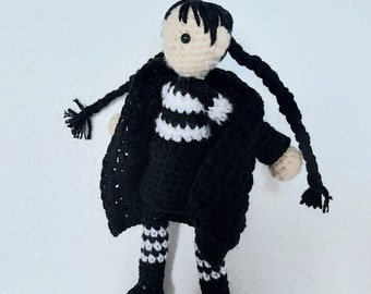 Wednesday Adams inspired crochet doll, Handmade crochet doll, Ghotic doll