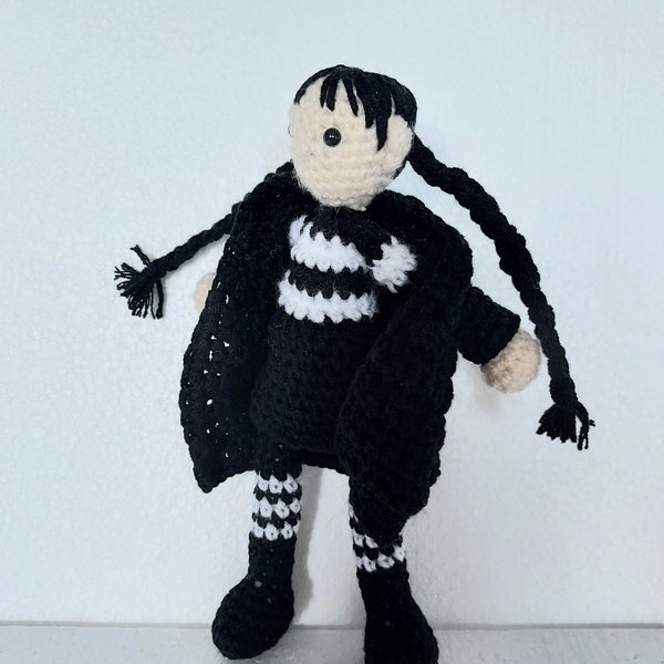 Wednesday Adams inspired crochet doll, Handmade crochet doll, Ghotic doll