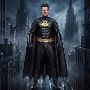 Pode incluir: Um traje de super-herói preto com uma peça peitoral moldada, um emblema de morcego amarelo e preto no peito e um cinto utilitário com detalhes dourados. O conjunto inclui uma capa longa e fluida, calças justas e luvas coordenadas.