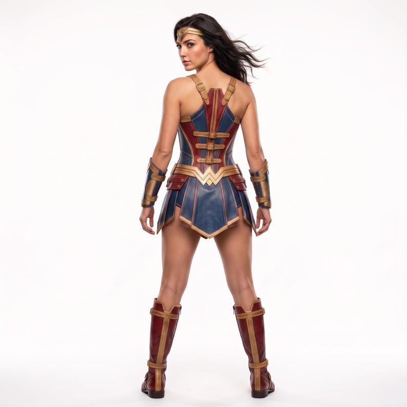 May include: A Wonder Woman costume featuring a blue and red bodice with gold trim, multiple buckle straps, and a matching skirt. The outfit includes gold arm gauntlets and knee-high brown boots with gold accents, worn with a gold headband.