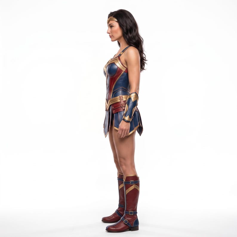 May include: A costume featuring a blue and red bodice with gold trim, a matching skirt, gold arm gauntlets, and knee-high red and blue boots. The outfit includes a gold headband worn across the forehead, completing the full-body superhero ensemble.
