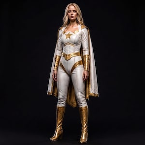 May include: A white and gold superhero costume featuring a fitted bodysuit with a star emblem on the chest, long sleeves, matching gold gauntlets, a cape with gold trim, and knee-high gold boots. The outfit is worn by a person with long blonde hair.