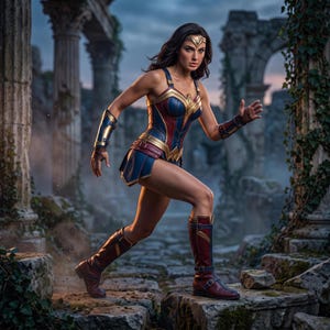 May include: A figure wearing a blue and red armored bodysuit with gold accents, a gold tiara, and matching gauntlets. The outfit includes a short skirt and tall, buckled red and blue boots. The figure is posed in a dynamic stance amidst stone ruins.