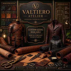 May include: A display of Valtiero Atelier leather goods featuring a brown armored tunic, a dark red jacket, and a black hooded jacket. The scene includes leather rolls, metal scissors, a compass tool, buckles, and signage with text.