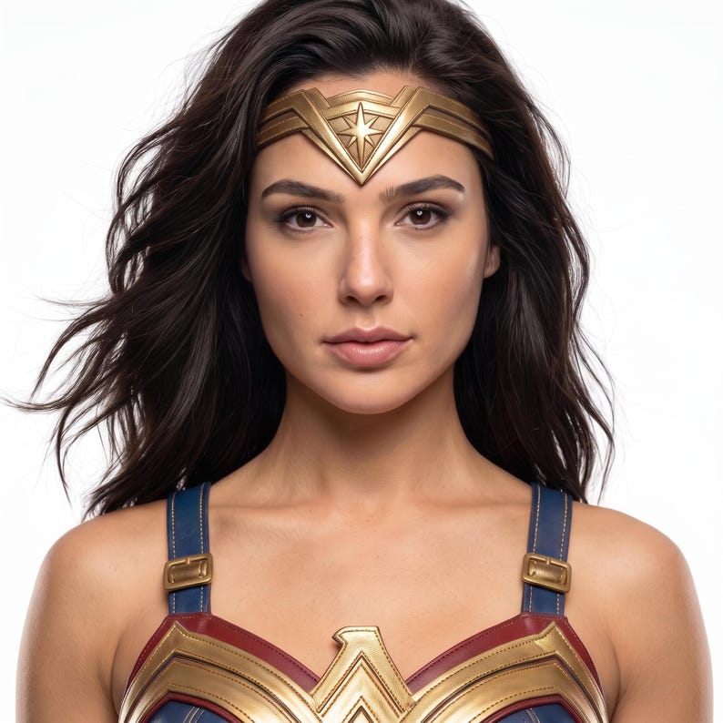 May include: A gold-colored metal tiara with a central star emblem worn on the forehead. The accessory features a pointed design and is paired with a red and blue chest piece with gold trim, featuring visible buckles on the shoulder straps.