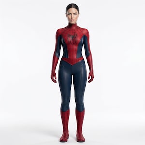 May include: A full-body jumpsuit featuring a red and dark blue color scheme with a black spider emblem on the chest. The garment includes a high neck, long sleeves, and integrated gloves and footwear, with a web-like pattern across the red sections.