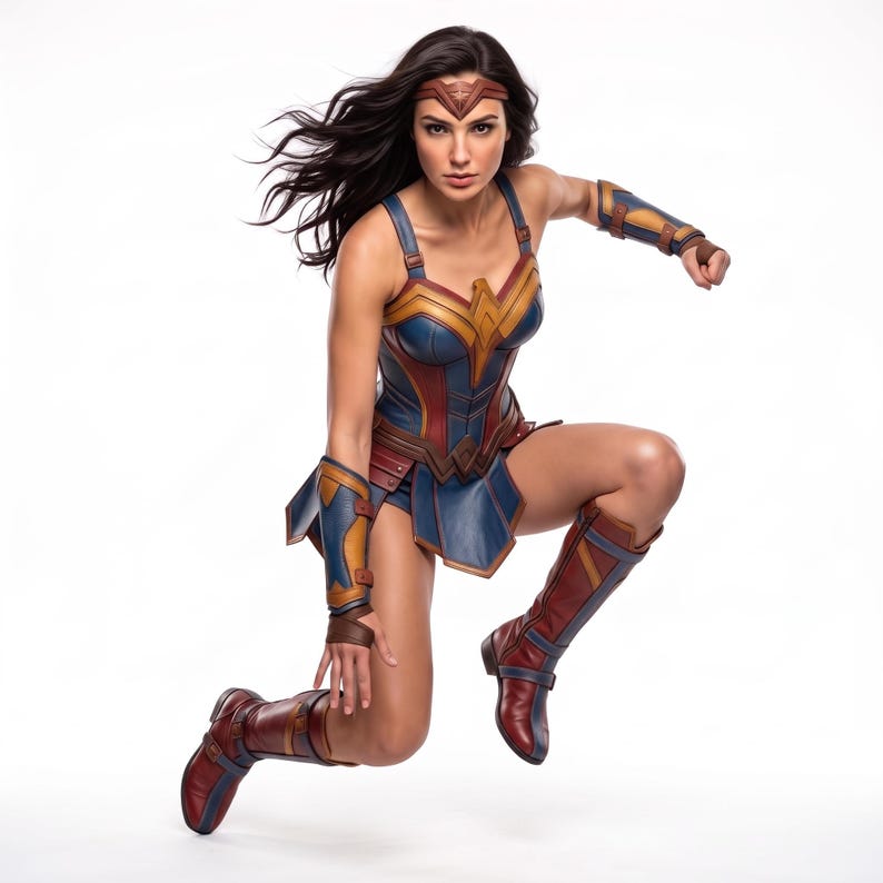 May include: A superhero costume featuring a blue and red bodice with a gold eagle emblem, a matching blue and red skirt, gold arm gauntlets, knee-high red and blue boots, and a gold headband. The outfit is worn by a person with long dark hair.