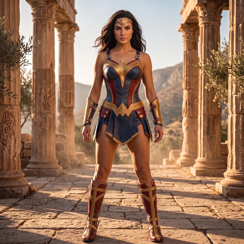 May include: A superhero costume featuring a blue and red bodice with gold trim, a matching skirt, gold arm gauntlets, and knee-high red and gold boots. A gold tiara is worn on the forehead. The outfit is designed with structured armor plating.