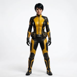 May include: A full-body suit featuring a black and yellow color scheme with a high collar, long sleeves, and matching gloves. The suit includes a utility belt with multiple pouches at the waist and fitted trousers that extend into integrated boots.