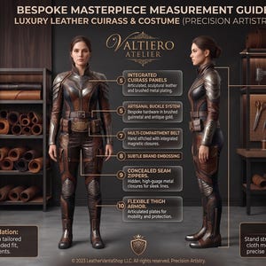 May include: A measurement guide for a leather cuirass and costume by Valtiero Atelier. The image displays front and side views of a person wearing the brown leather armor, with labels detailing features like integrated panels, buckles, and zippers.