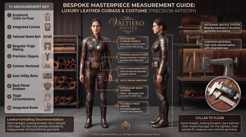 May include: A measurement guide for a leather cuirass and costume by Valtiero Atelier. The image displays front and side views of a person wearing the brown leather armor, with labels detailing features like integrated panels, buckles, and zippers.