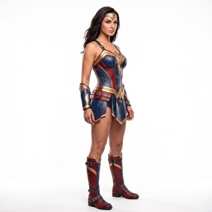May include: A costume featuring a dark blue and red bodice with gold trim, a matching skirt with a belt, gold arm bracers, a gold tiara, and knee-high red and blue boots. The ensemble is designed with structured panels and metallic accents.