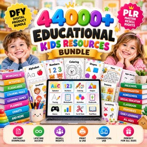 Op de afbeelding: Een digitaal productpakket met meer dan 44.000 educatieve bronnen voor kinderen, waaronder werkbladen, flashcards en kleurplaten op een laptopscherm, met stapels kleurrijke boeken, een pennenhouder en iconen voor gebruiksrechten en downloads.