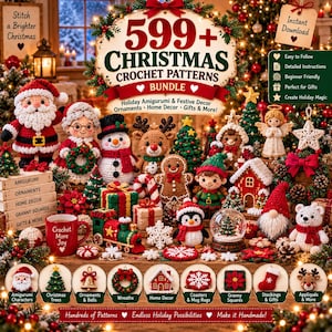 Puede incluir: Un anuncio digital para un paquete de más de 599 patrones de ganchillo navideños que presenta varias figuras festivas tejidas como Santa, un muñeco de nieve, renos, pan de jengibre y un tren, junto con etiquetas de texto e iconos circulares.