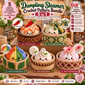 Puede incluir: Un paquete de patrones de ganchillo digitales para cinco vaporeras de dumplings con varias tapas, incluyendo un chile, un lazo, un arcoíris, un remolino y una flor. El conjunto incluye instrucciones detalladas para estos cinco diseños.