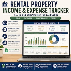 May include: A digital rental property income and expense tracker spreadsheet displayed on a laptop screen. The interface features a Rental Command Center with financial summaries, bar charts, pie charts, and tables for tracking rent and expenses.