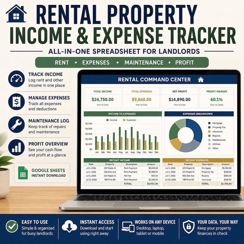 May include: A digital rental property income and expense tracker spreadsheet displayed on a laptop screen. The interface features a Rental Command Center with financial summaries, bar charts, pie charts, and tables for tracking rent and expenses.