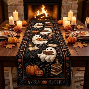May include: A black table runner featuring a repeating pattern of white ghosts reading books, orange pumpkins, and stacks of books. The design includes intricate swirling vines and spiderweb details, creating a festive seasonal table decoration.