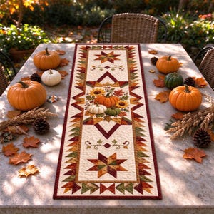 Mantel overlock de patchwork otoñal con calabazas, patchwork de estrellas otoñales con calabazas, girasoles y hojas de arce, decoración de mesa para Acción de Gracias