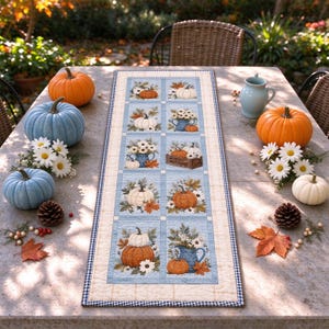 Mantel de patchwork azul otoñal, con estampado de calabazas y hojas, estilo rústico (poliéster)