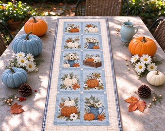 Blue autumn pumpkin flower jacquard tablecloth, harvest pumpkin patchwork tablecloth, rural autumn Thanksgiving table decoration