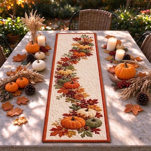 May include: A rectangular table runner featuring a quilted cream background with a central printed design of orange pumpkins, red and green autumn leaves, and berries. The runner is bordered by a thin orange trim and placed on a stone table.