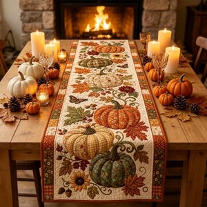 May include: A rectangular fabric table runner featuring a repeating pattern of pumpkins, autumn leaves, sunflowers, and butterflies in shades of orange, green, and brown, centered on a wooden dining table with white pumpkins and lit candles.